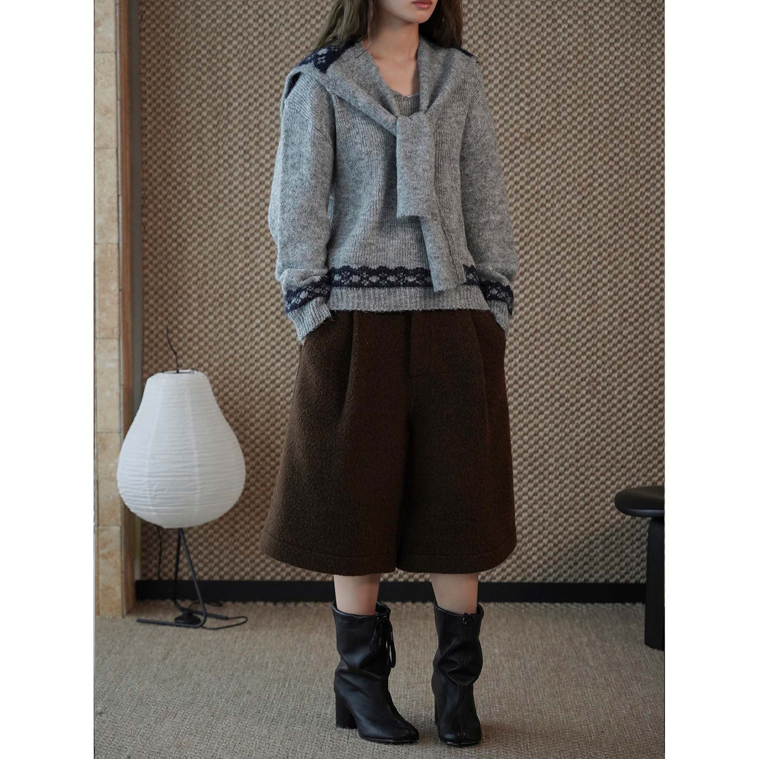 Women's Cozy Fine Knit Pullover with Integrated Shoulder Scarf and Jacquard Hem Mune Fashion