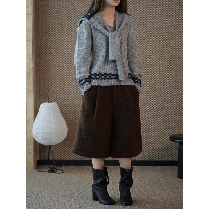 Women's Cozy Fine Knit Pullover with Integrated Shoulder Scarf and Jacquard Hem Mune Fashion