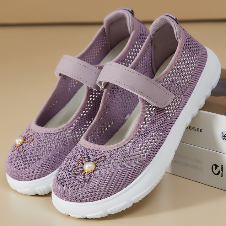 Women's knitted Mary Jane sneakers with Velcro strap, breathable knitted upper, decorative pearl appliqué, and cushioning EVA sole Mune Fashion