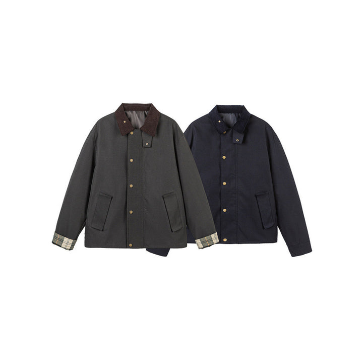 Men's Short Boxy Work Jacket made of sturdy canvas with cord collar and concealed snap button placket Mune Fashion