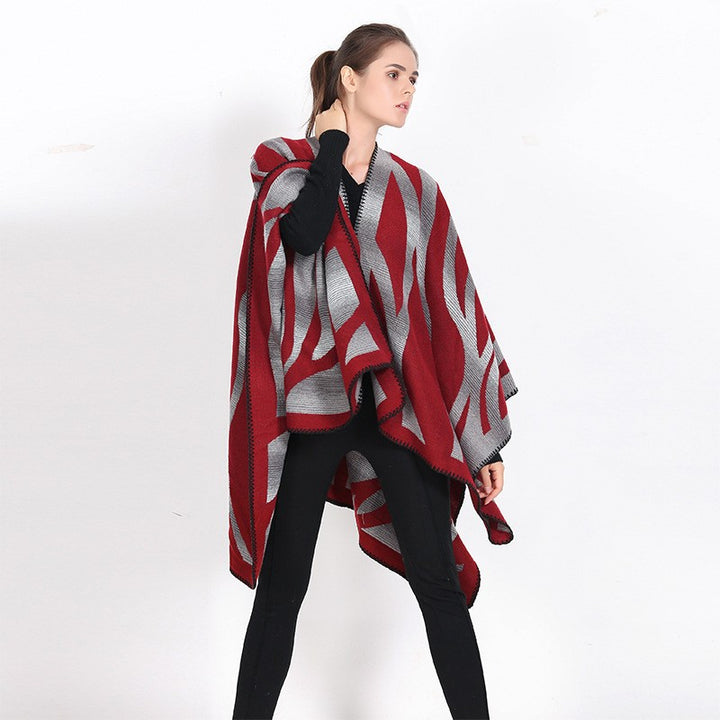Women's textured knit cape with asymmetric wrap style and jacquard pattern Mune Fashion