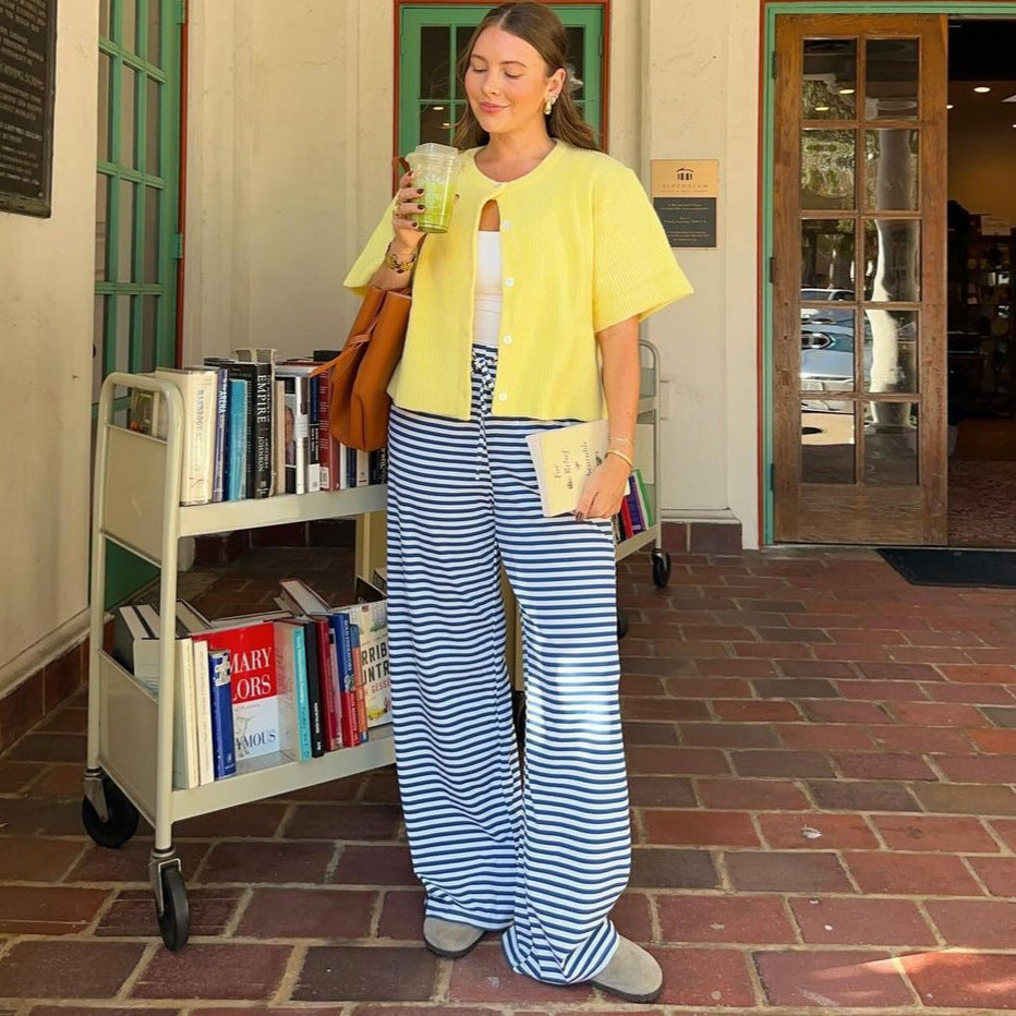 Ladies wide striped pants with elastic waistband and drawstring Mune Fashion