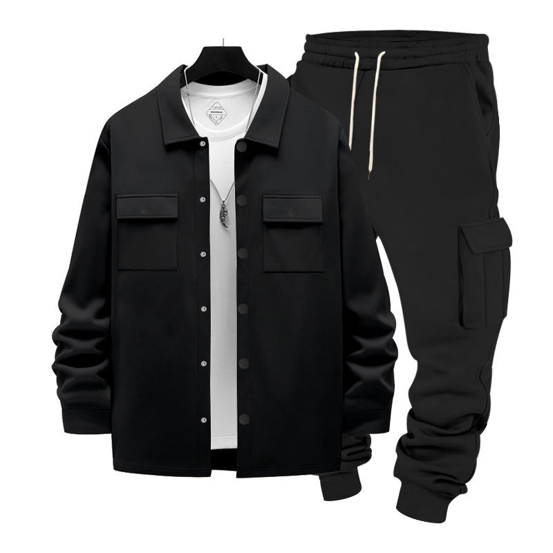 Men's casual cotton blend overshirt and cargo jogger set with drawstring, patch pockets, and elastic cuffs Mune Fashion