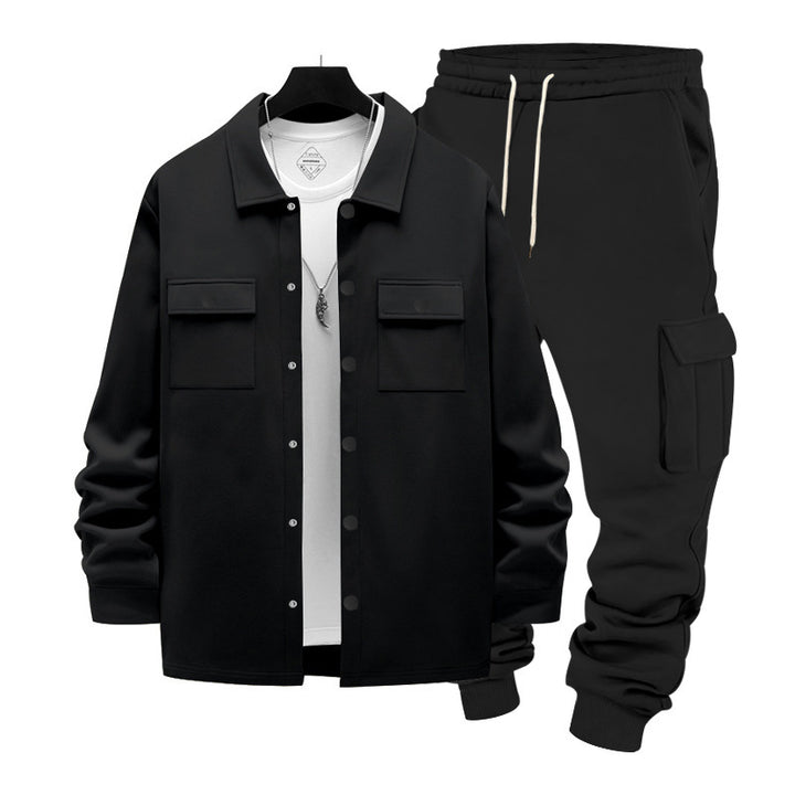 Men's casual cotton blend overshirt and cargo jogger set with drawstring, patch pockets, and elastic cuffs Mune Fashion