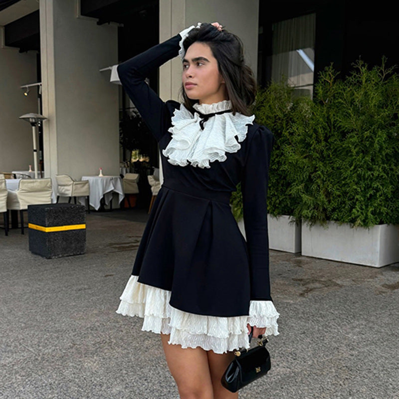 Women’s Victorian Ruffled Dress with Stand Collar, Gathered Ruffle and Multi-Layered Pleated Underskirt Mune Fashion