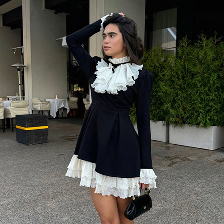 Women’s Victorian Ruffled Dress with Stand Collar, Gathered Ruffle and Multi-Layered Pleated Underskirt Mune Fashion