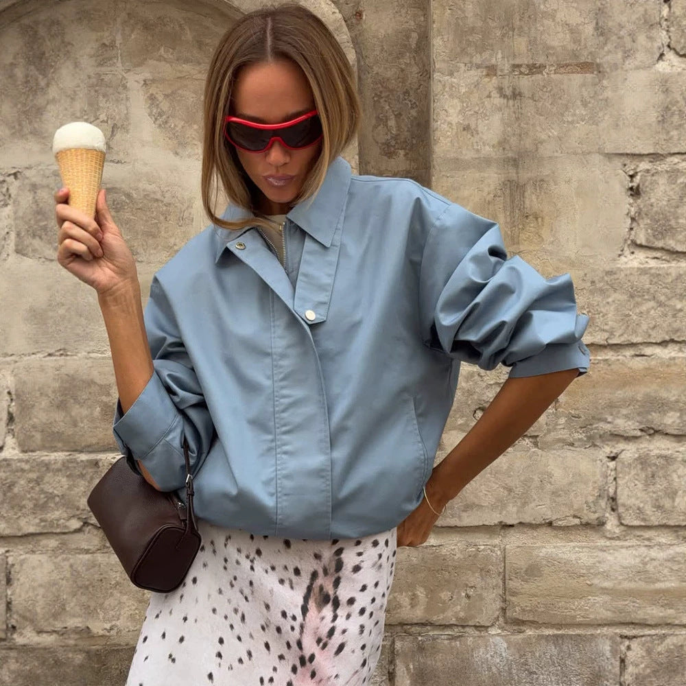 Women's Light Cropped Field Blouson Jacket with Concealed Snap Placket and Boxy Silhouette Mune Fashion