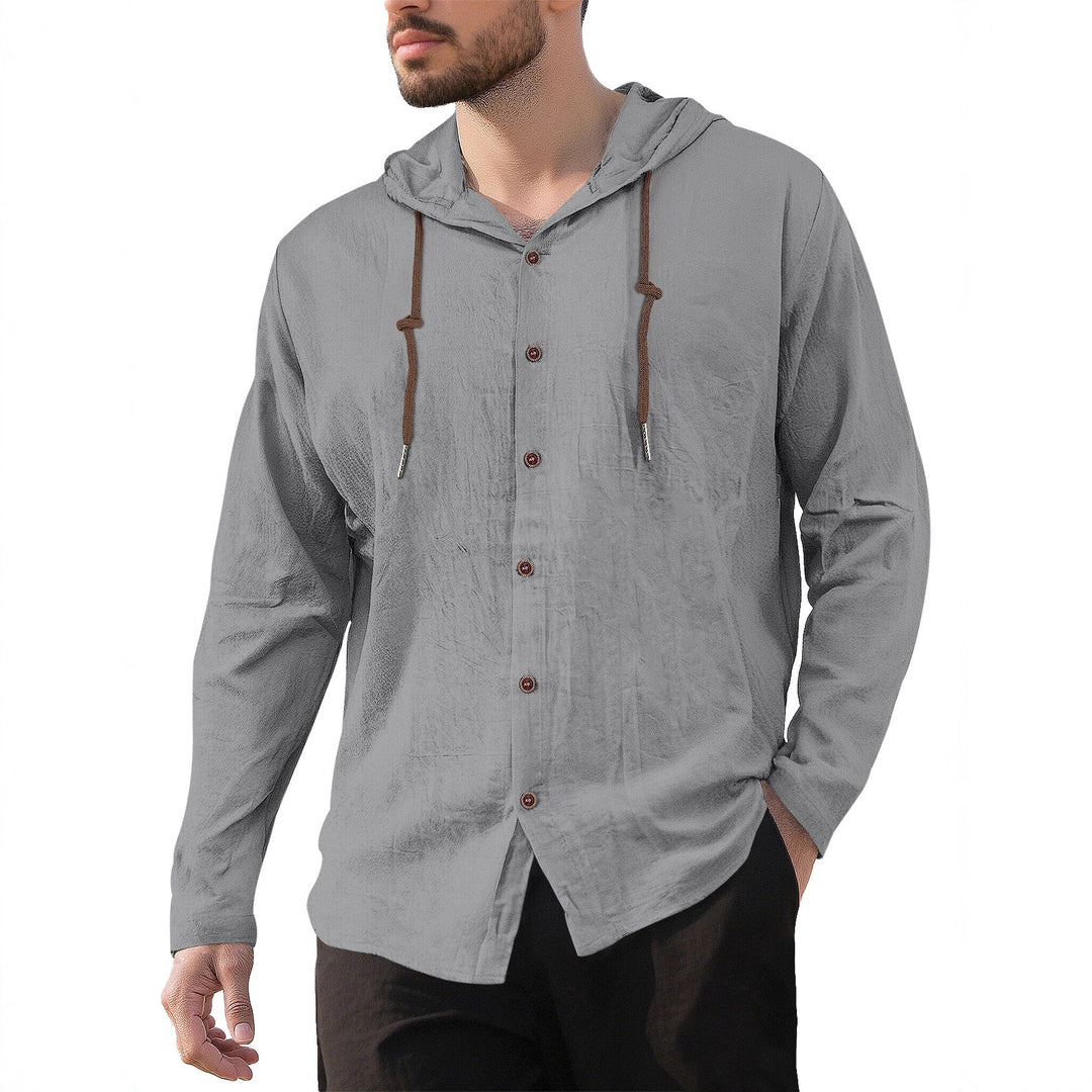 Men's textured linen blend hooded shirt with button placket, wood buttons, and side slits Mune Fashion