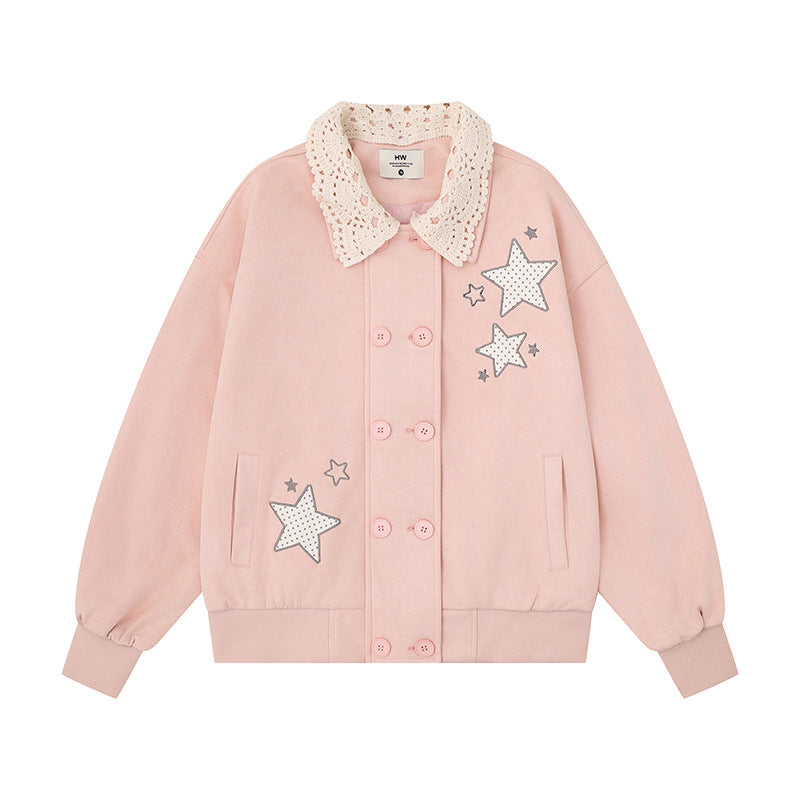 Women's buttoned oversized sweat jacket with crocheted collar and star appliqués Mune Fashion