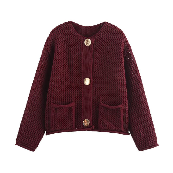 Women Short Cut Structured Cardigan with Gold Decorative Buttons and Patch Pockets Mune Fashion