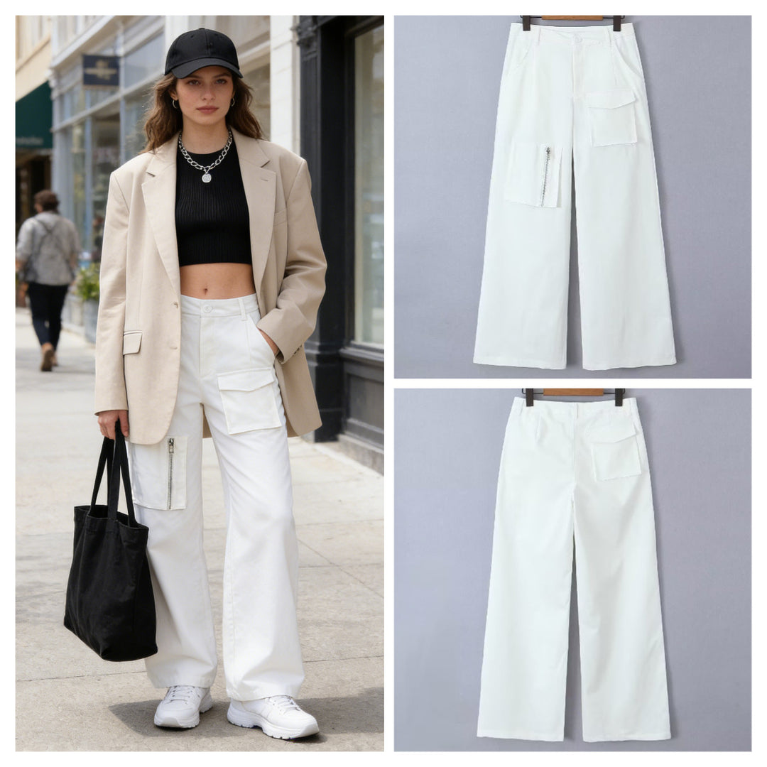 Women's Wide Cargo Pants with High Waist and Utility Pockets Mune Fashion