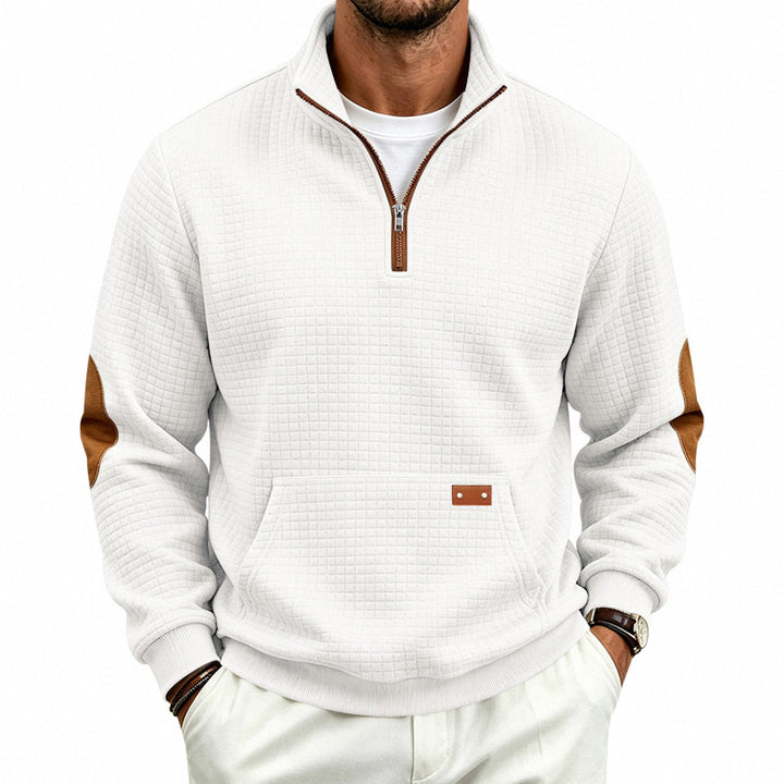 Men's Textured Half-Zip Sweatshirt with Waffle Structure, Kangaroo Pocket and Leather Elbow Patches Mune Fashion