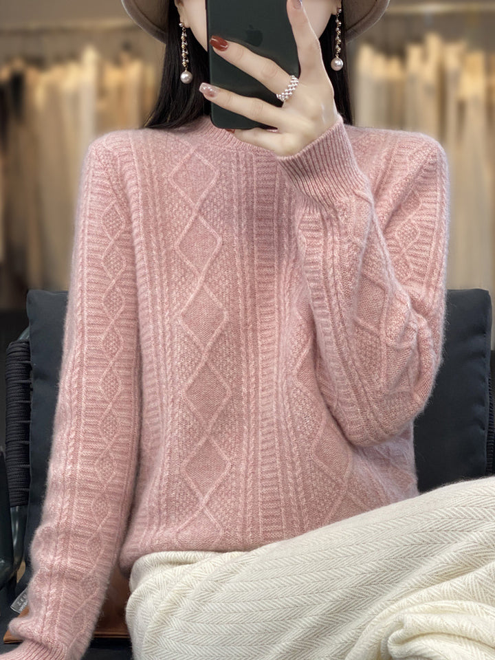 Ladies cable knit fine knit sweater with lace panels and soft mohair finish Mune Fashion