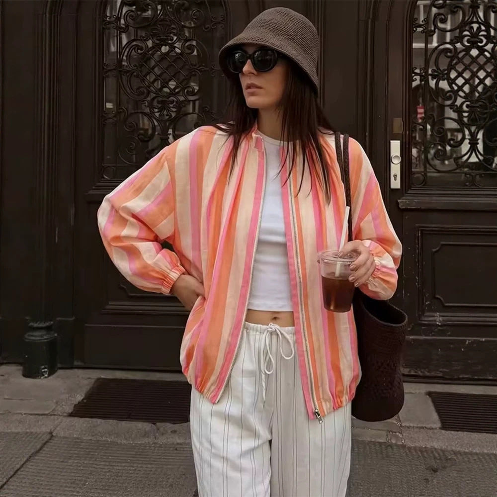 Women's Striped Lightweight Bomber Jacket with Balloon Sleeves and Stand Collar Mune Fashion