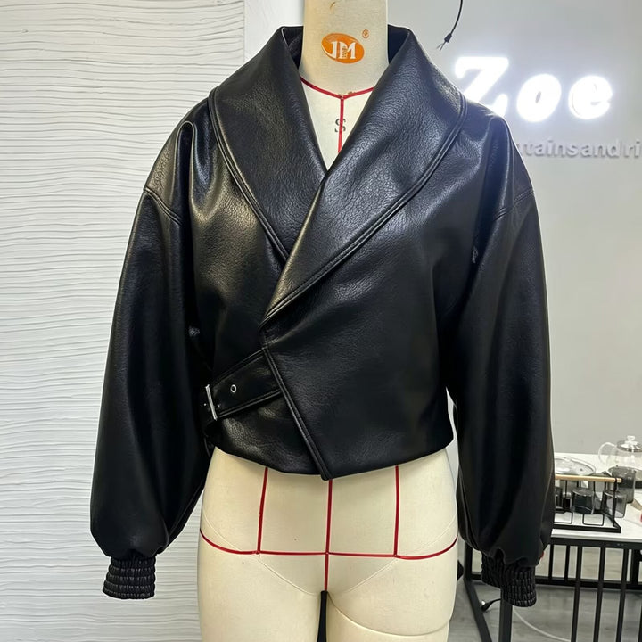 Women Faux Leather Bomber Jacket with High Stand Collar, Asymmetrical Closure and Elastic Hem Mune Fashion