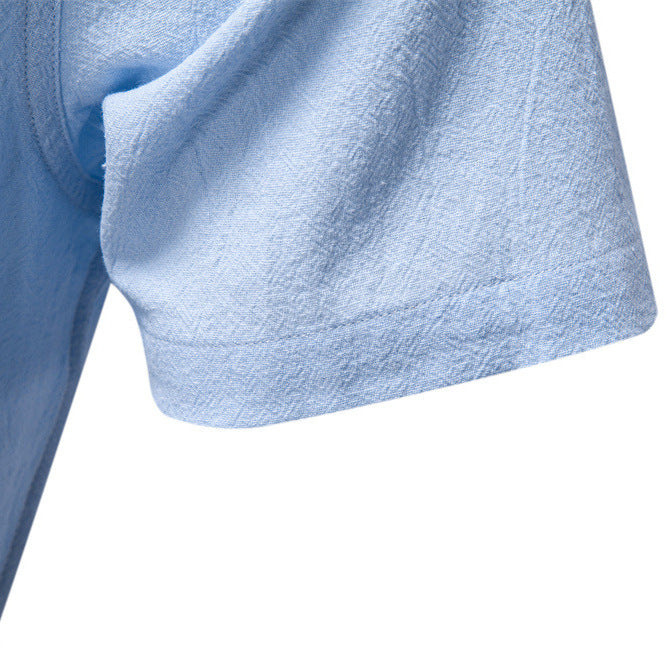 Men's casual short-sleeve shirt with stand-up collar, half button placket, and lightly textured cotton-linen quality Mune Fashion