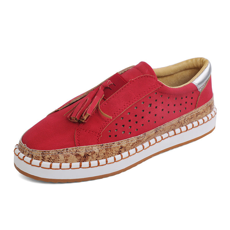 Women's Nano Perforated Slip-On Sneakers with Tassels, Cork Platform, and Decorative Hand Stitching Mune Fashion