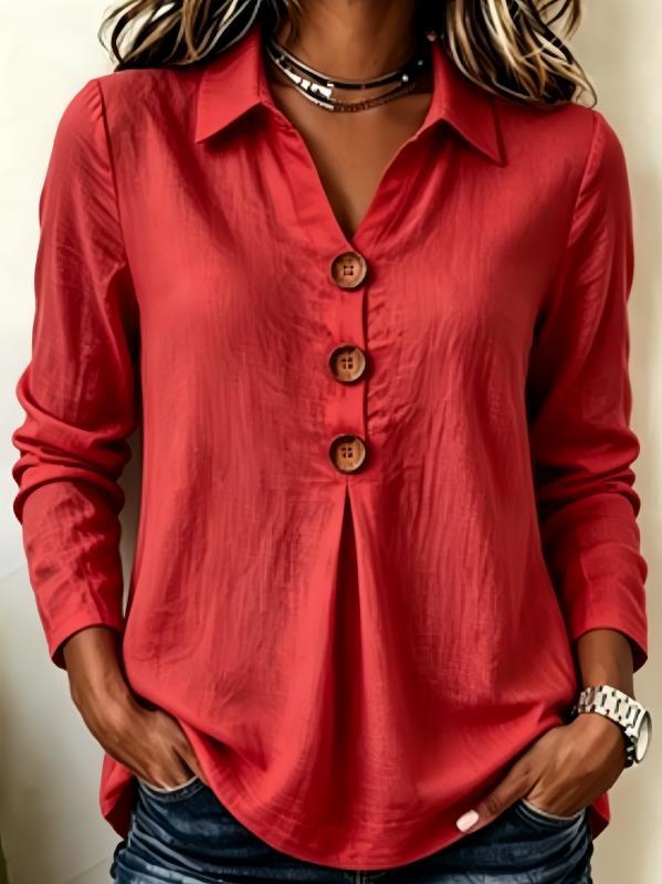 Women's Long Sleeve Shirt Blouse Top with Notched Collar and Decorative Button Placket Mune Fashion