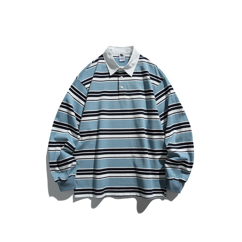Unisex Striped Rugby Polo in Oversize Cut with Contrasting Shirt Collar Mune Fashion