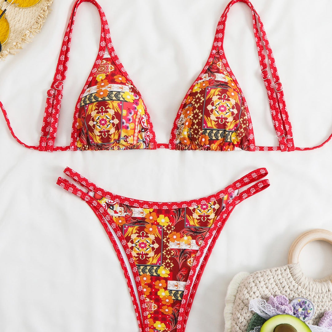 Ladies triangle bikini set with vibrant beach motif Mune Fashion