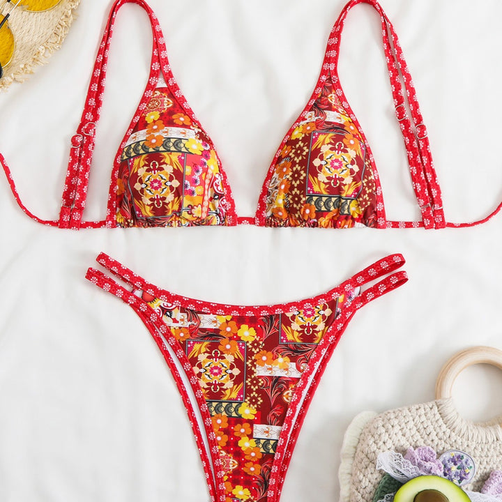 Ladies triangle bikini set with vibrant beach motif Mune Fashion