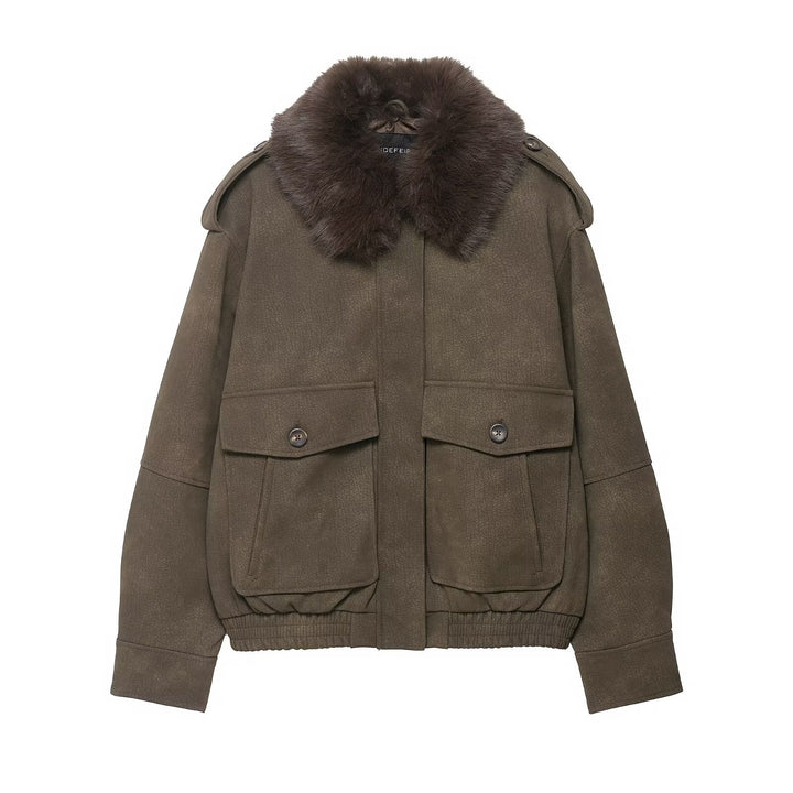 Women’s short jacket in suede look with removable fur collar and flap pockets Mune Fashion