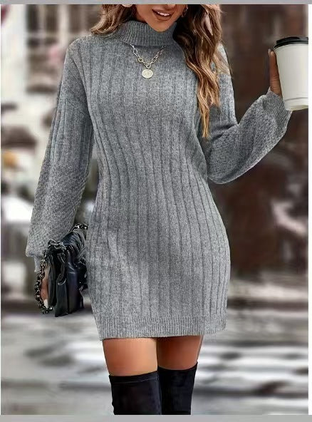 Women's fitted ribbed turtleneck knit dress with balloon sleeves Mune Fashion