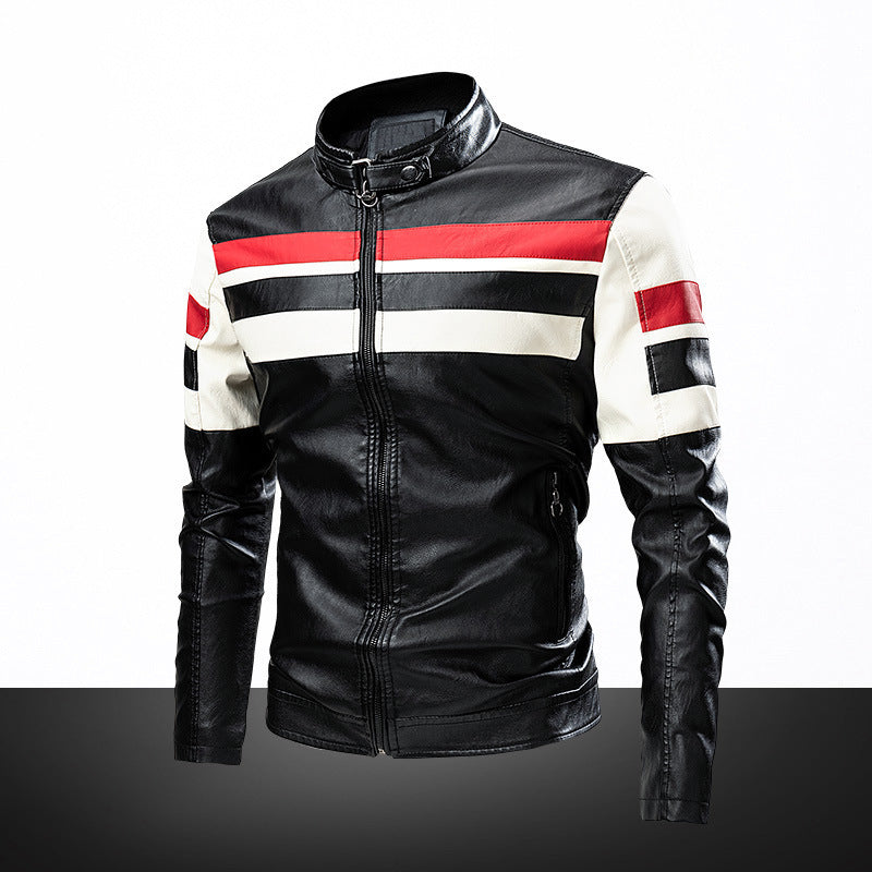 Men's retro-inspired motorcycle leather jacket with racing stripes and stand-up collar Mune Fashion