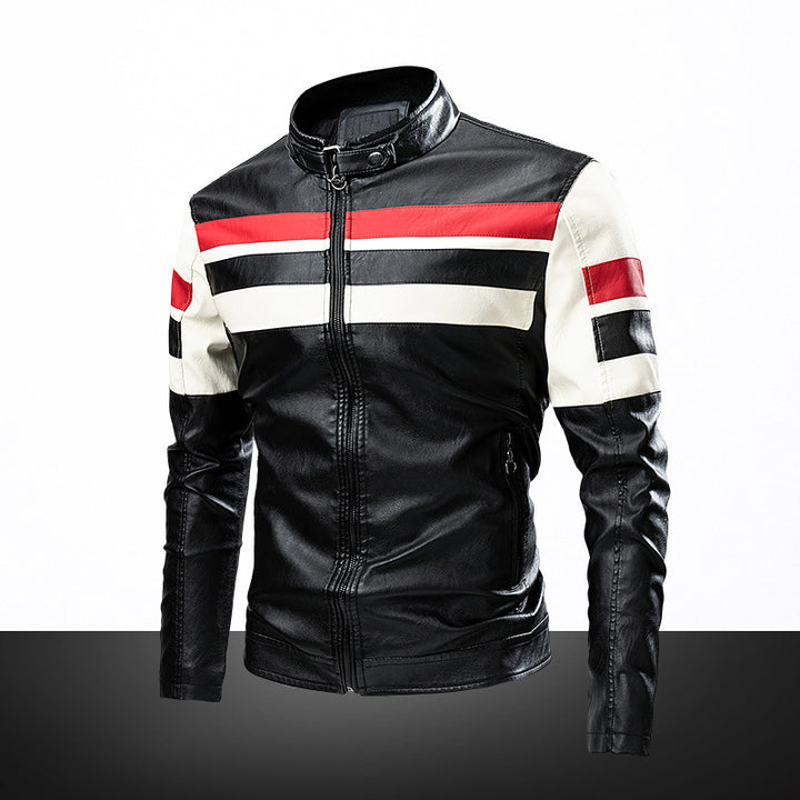 Men's retro-inspired motorcycle leather jacket with racing stripes and stand-up collar Mune Fashion