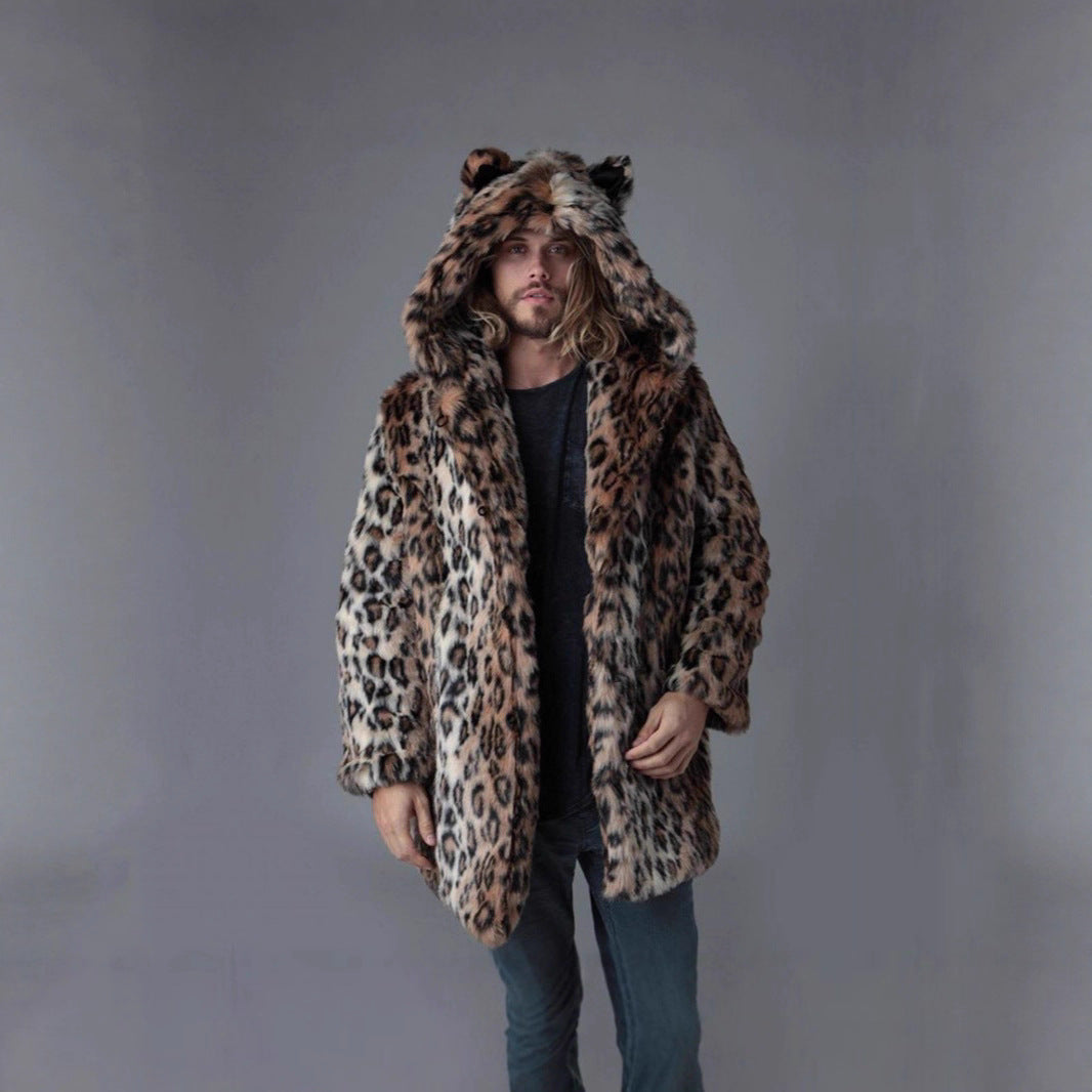 Men's Long Faux Fur Coat with Hood, Ear Application and Oversized Silhouette Mune Fashion