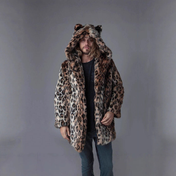 Men's Long Faux Fur Coat with Hood, Ear Application and Oversized Silhouette Mune Fashion
