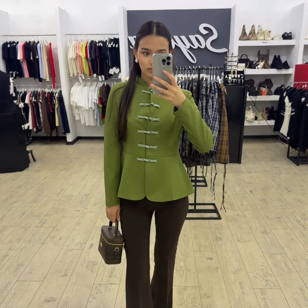 Women's Tailored Military-Inspired Jacket with Stand Collar, Drawstring Closures, and Peplum