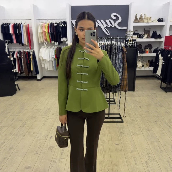 Women's Tailored Military-Inspired Jacket with Stand Collar, Drawstring Closures, and Peplum