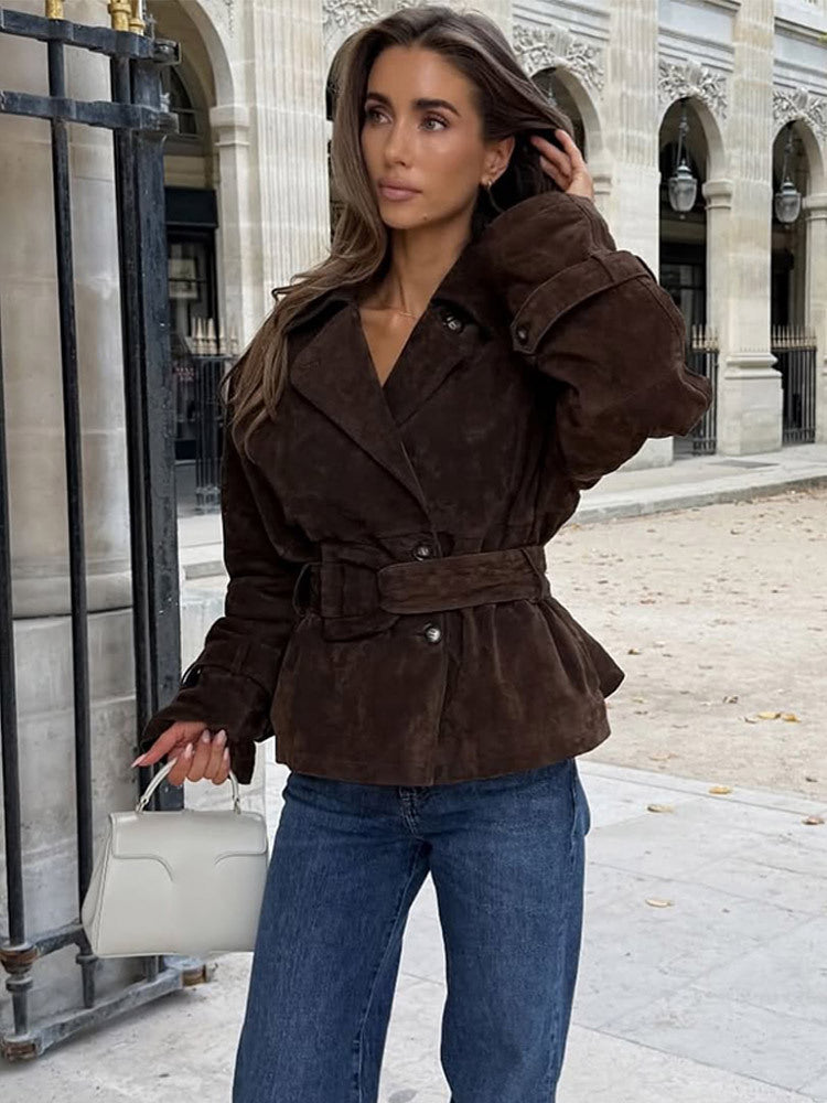 Ladies Fashionable Suede Jacket with Waist Belt and Voluminous Sleeves Mune