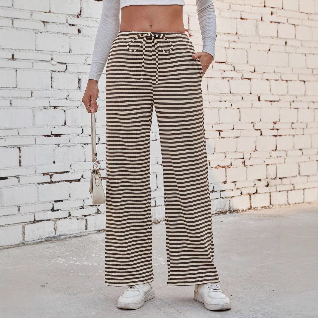 Ladies wide striped pants with elastic waistband and drawstring Mune Fashion