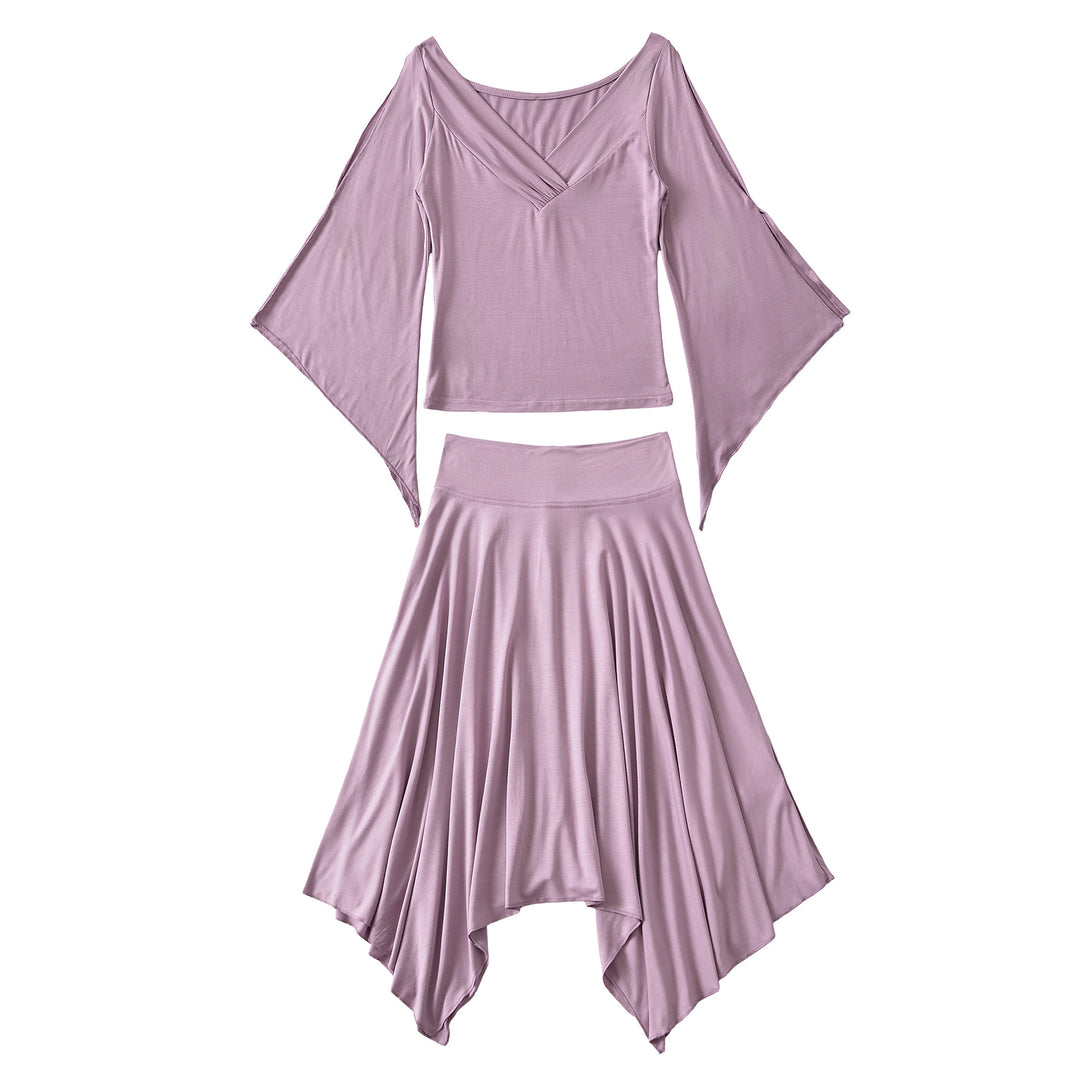 Women's Two-Piece Set with Draped Top with Bat Sleeves and Asymmetrical Flared Skirt Mune Fashion