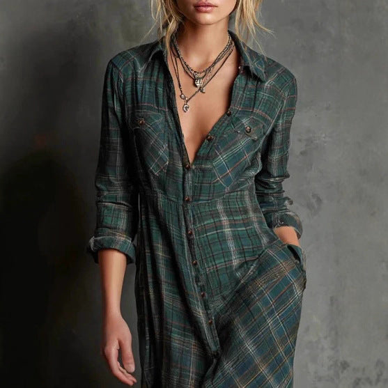 Women's maxi shirt dress in checkered flannel look with button placket and side pockets Mune Fashion