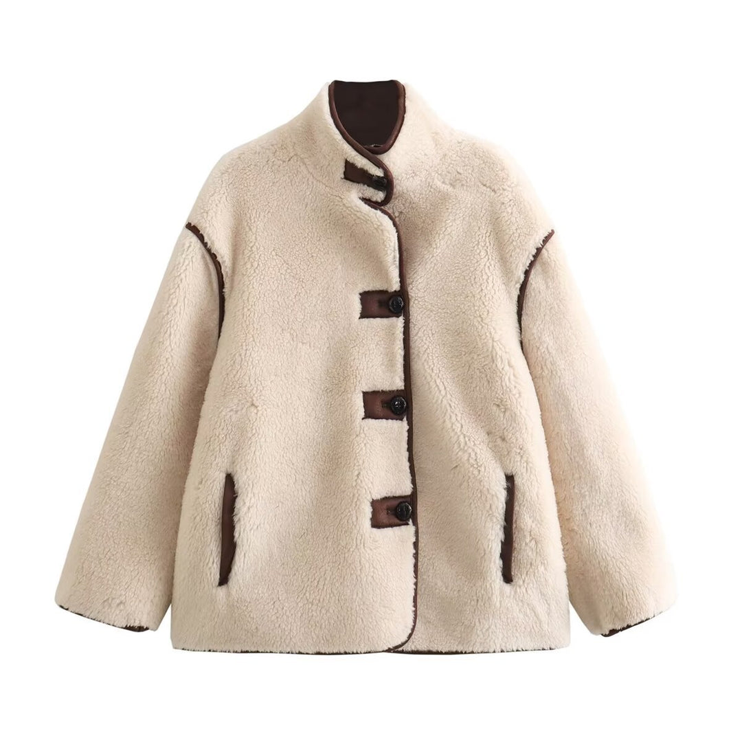 Women's short sheepskin look jacket with stand-up collar, concealed button placket and side pockets Mune Fashion