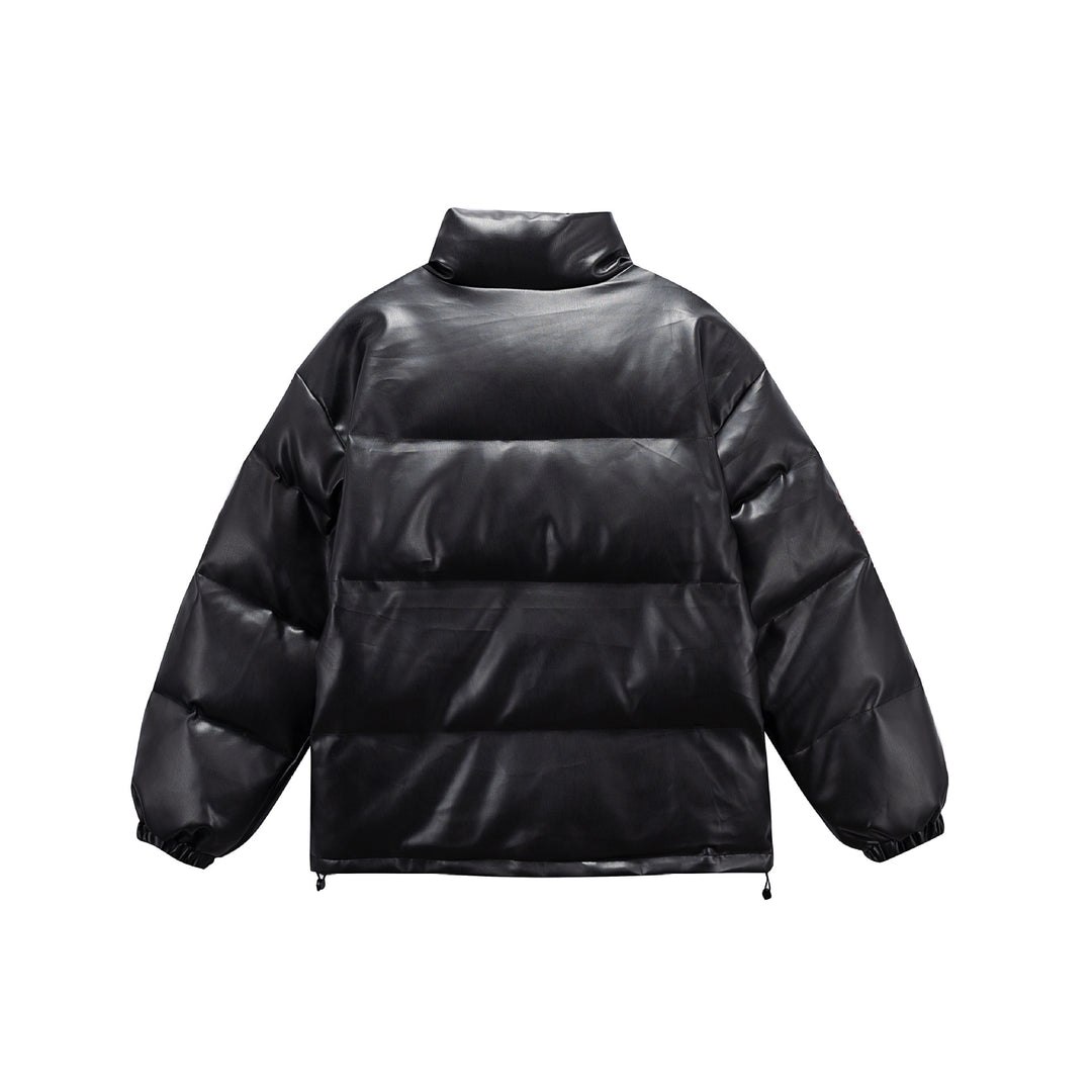 Unisex Short padded college puffer jacket with high stand-up collar, appliqués and drawstring hem Mune Fashion