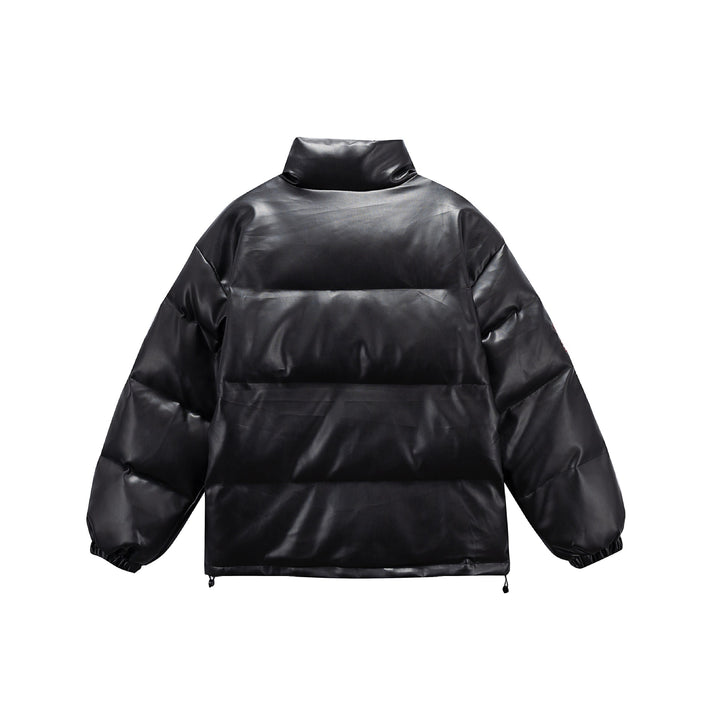 Unisex Short padded college puffer jacket with high stand-up collar, appliqués and drawstring hem Mune Fashion