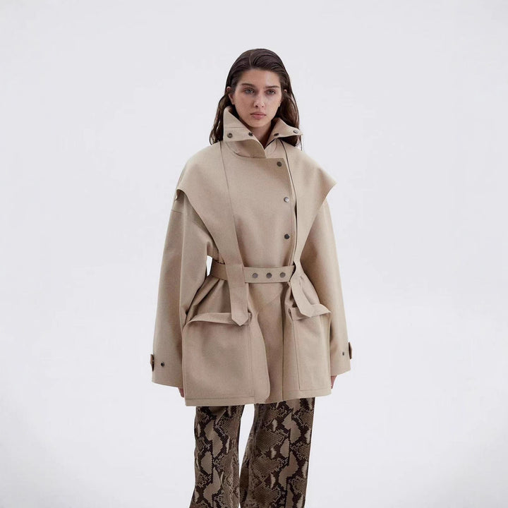 Women's Tailored Transition Jacket with Stand Collar, Shoulder Cape and Belt Mune Fashion