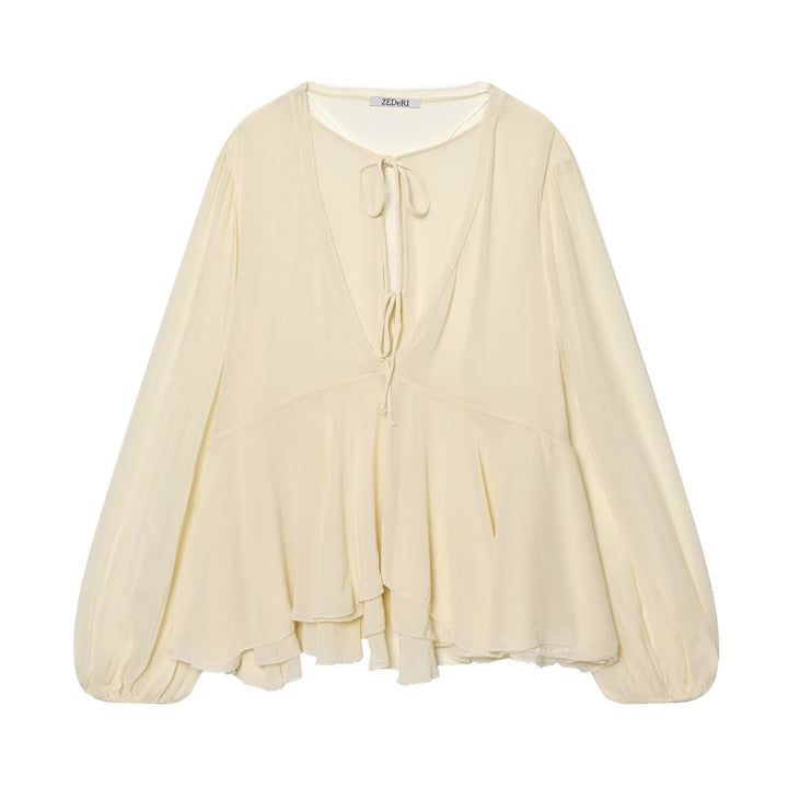 Ladies Airy Chiffon Blouse with Deep V-Neck, Ties, Ruffled Layers and Balloon Sleeves Mune Fashion