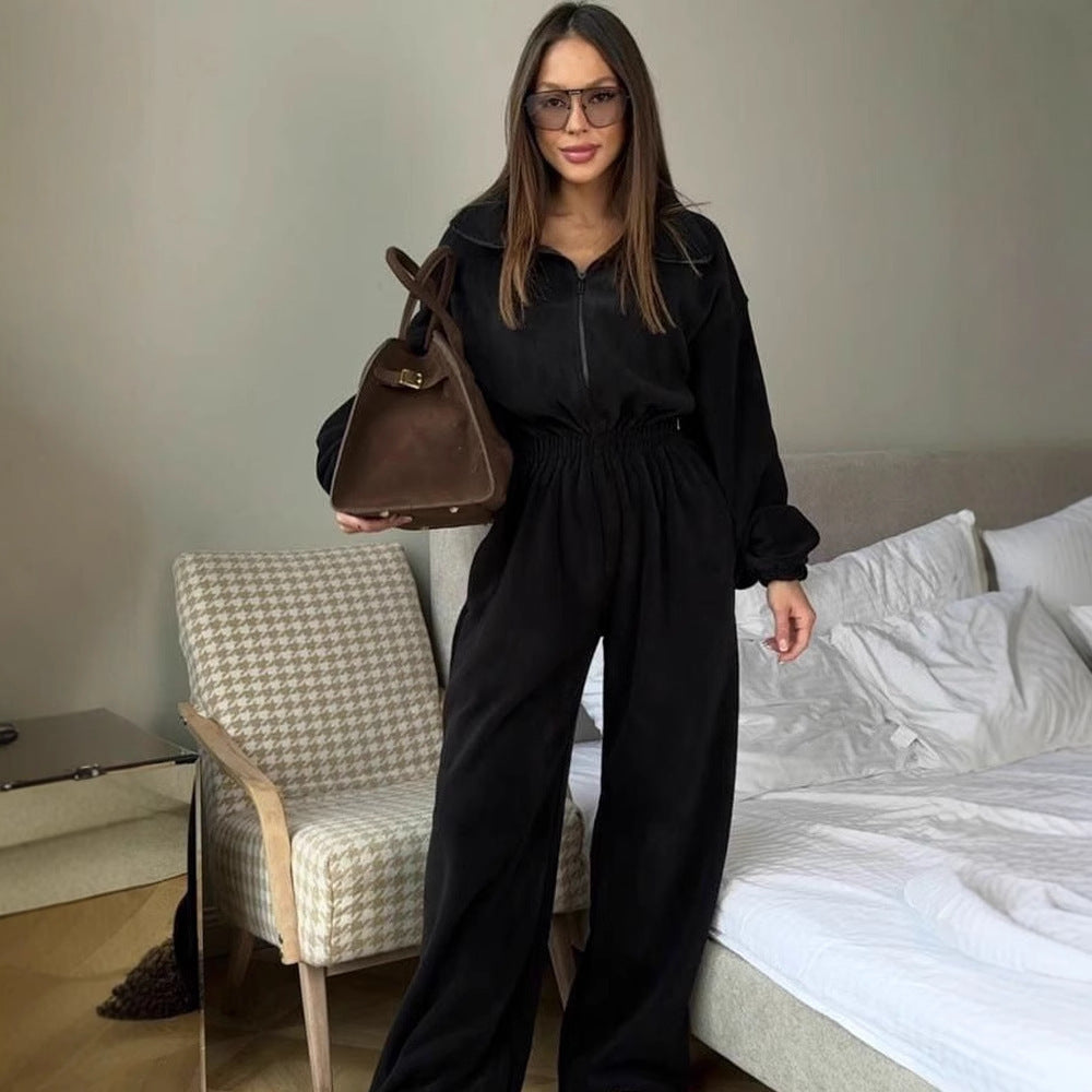 Women's cozy plush jumpsuit with half zipper and elastic waist Mune Fashion