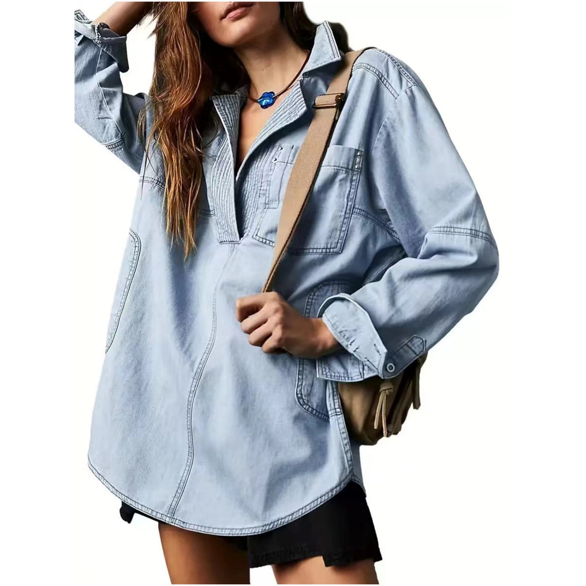 Women's Oversize Denim Tunic with Henley Neckline and Kangaroo Pocket Mune Fashion