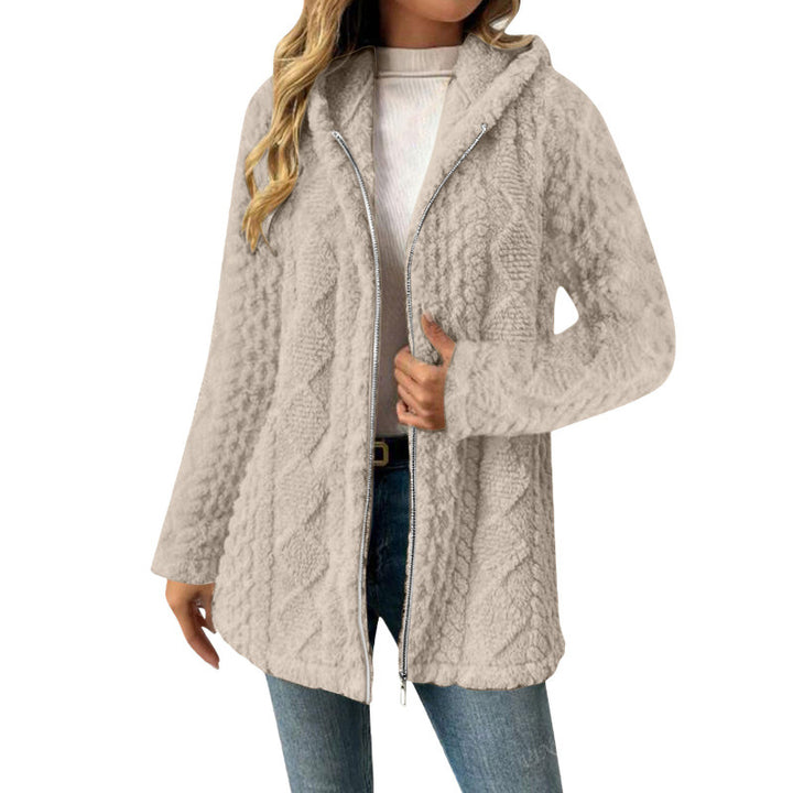 Women's Hooded Sherpa Jacket with Cable Pattern, Medium Length and Two-Way Zipper Mune Fashion