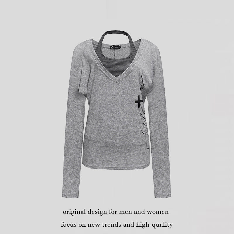 Women's layer long-sleeve shirt with deep V-neck, halter inner layer and side script print Mune Fashion
