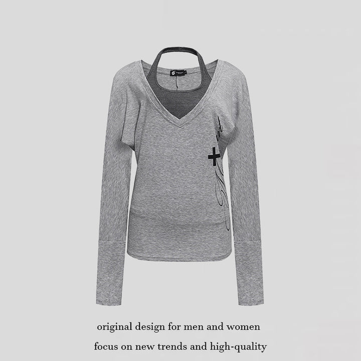 Women's layer long-sleeve shirt with deep V-neck, halter inner layer and side script print Mune Fashion