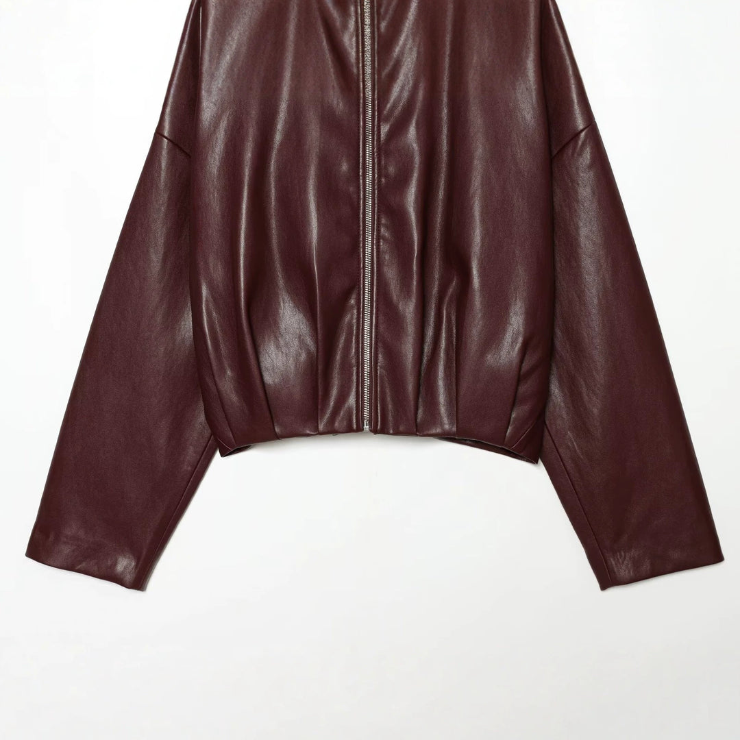 Women Short Faux Leather Jacket with High Standing Collar and Zipper Drune