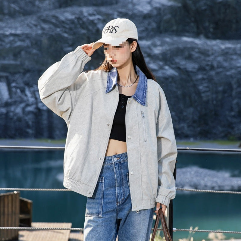 Women’s Oversize Transitional Jacket with Denim Collar, Snap Button Placket & Elastic Cuffs Mune Fashion