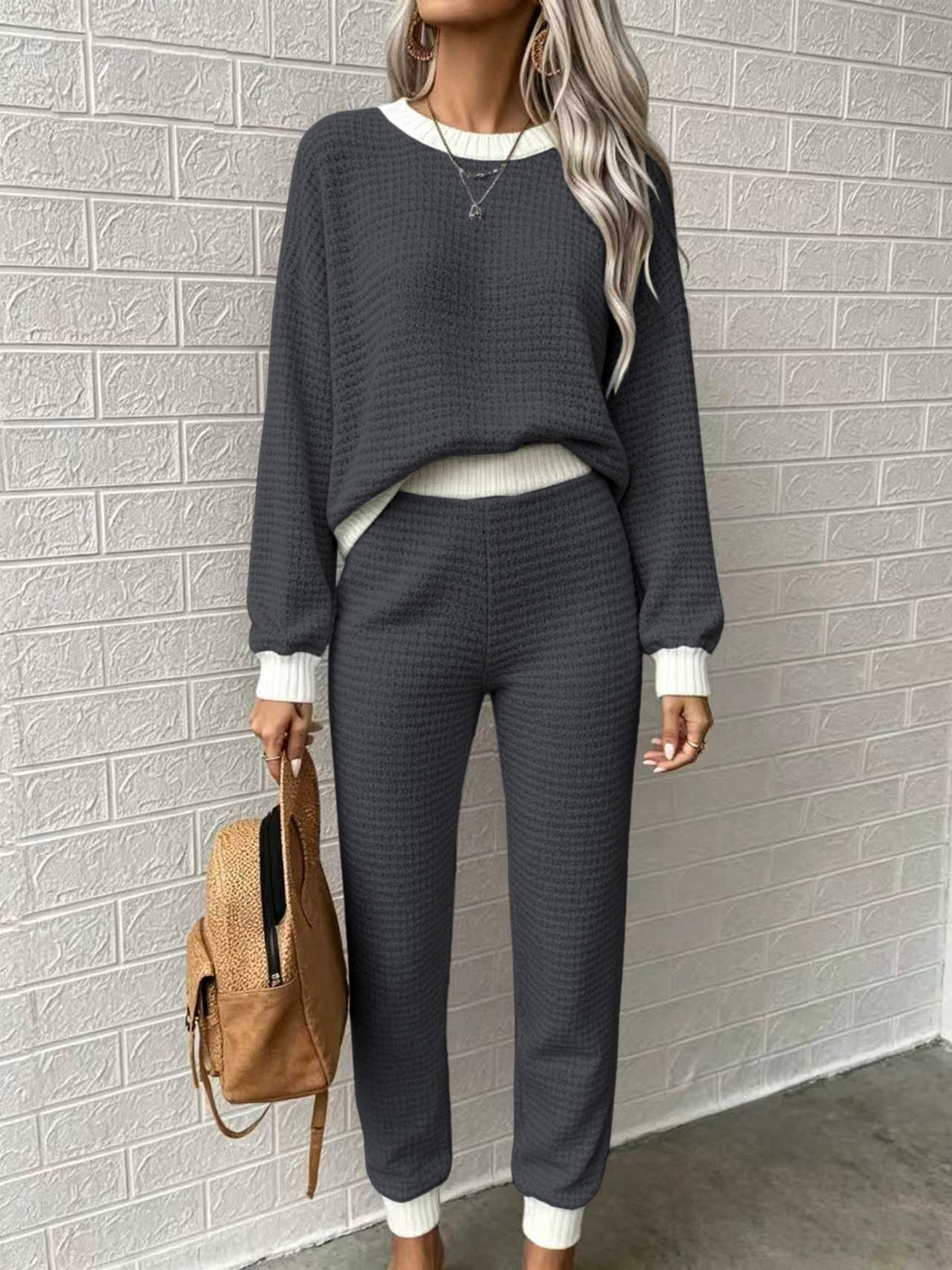 Women Comfortable Waffle Knit Lounge Set with Ribbed Cuffs Mune Fashion